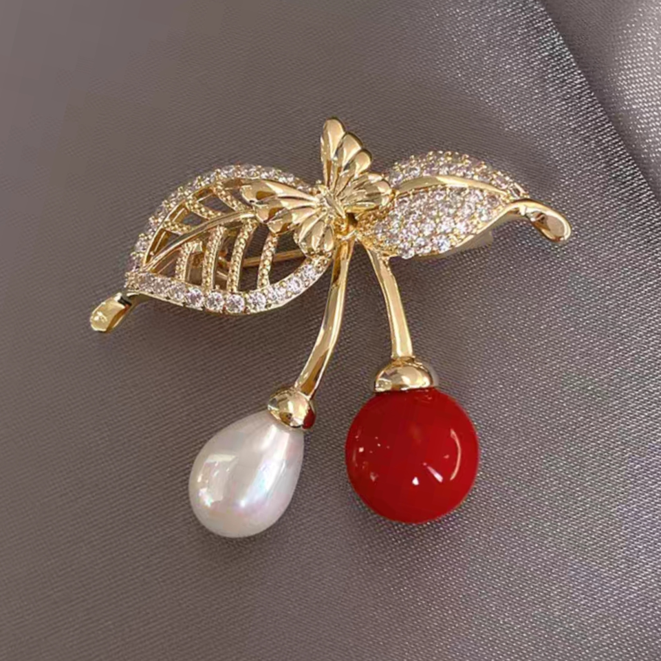 Red cherry alloy brooch