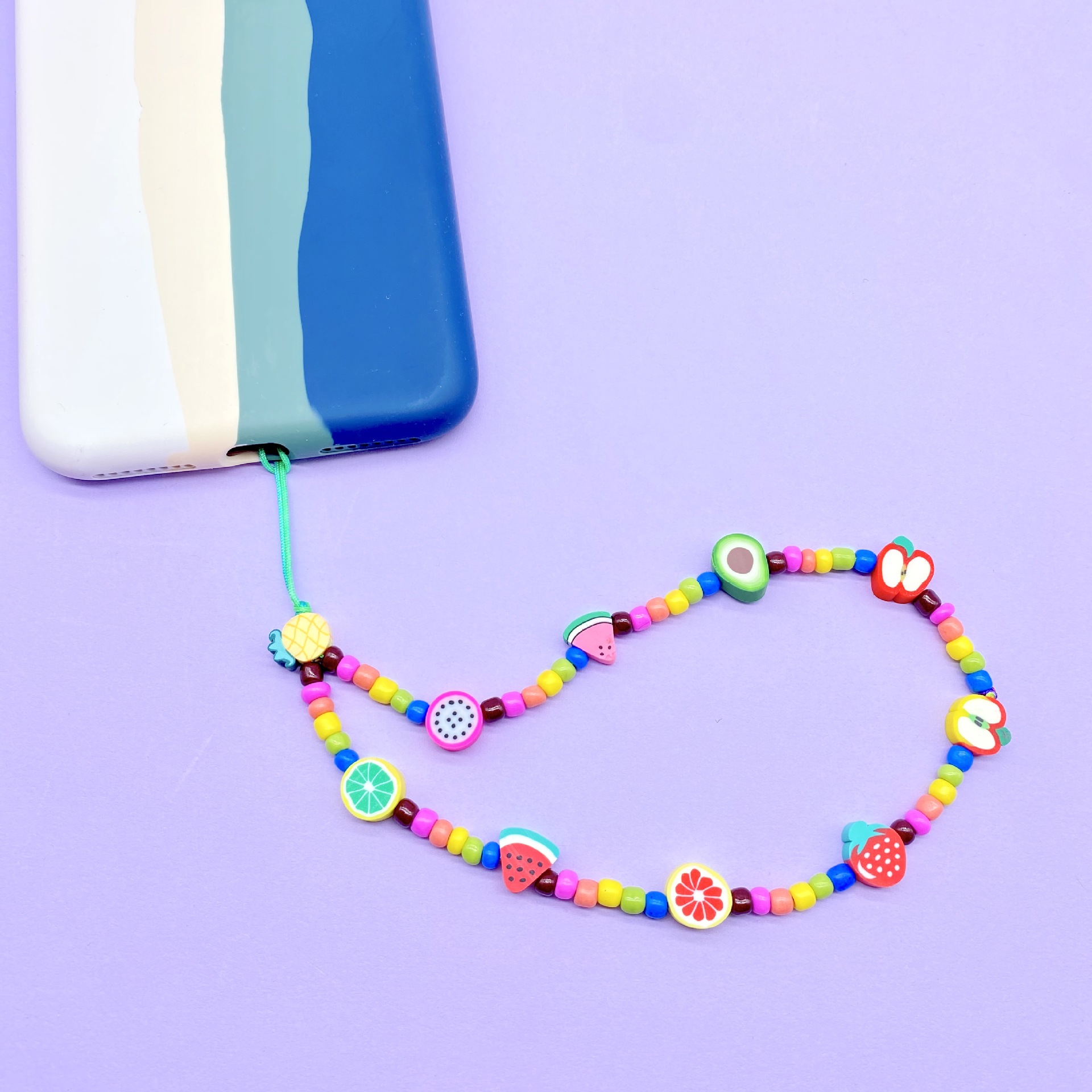 ins Wind mobile phone hanging polymer clay fruit accessories accessories Colored glass rice beads mobile phone chain pendant for women