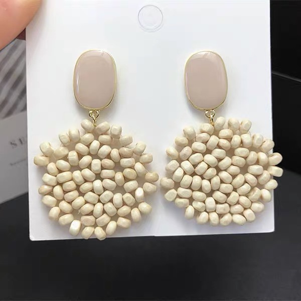 925 sterling silver needle, high-end white wood long earrings, Korean handcrafted beaded round earrings, Internet celebrity, exaggerated
