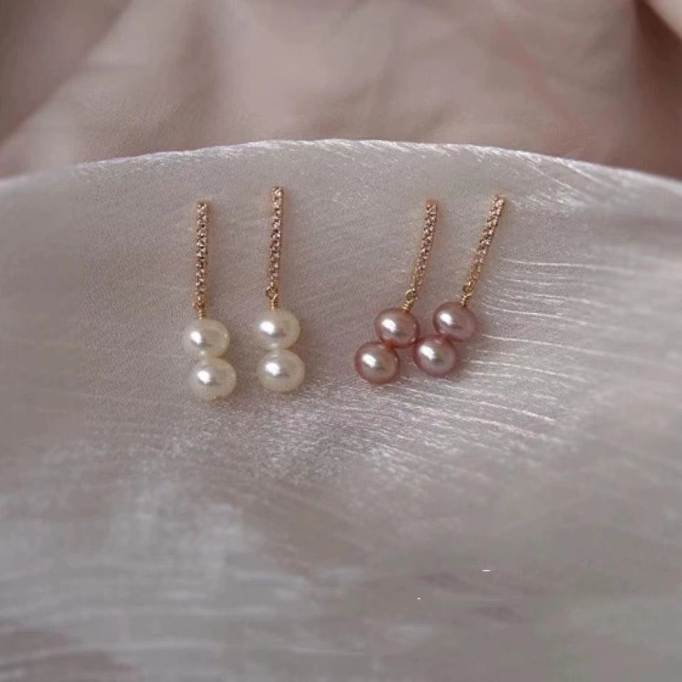 Homemade natural strong light freshwater pearl earrings 14K gold inlay small diamond simple exquisite stud earrings