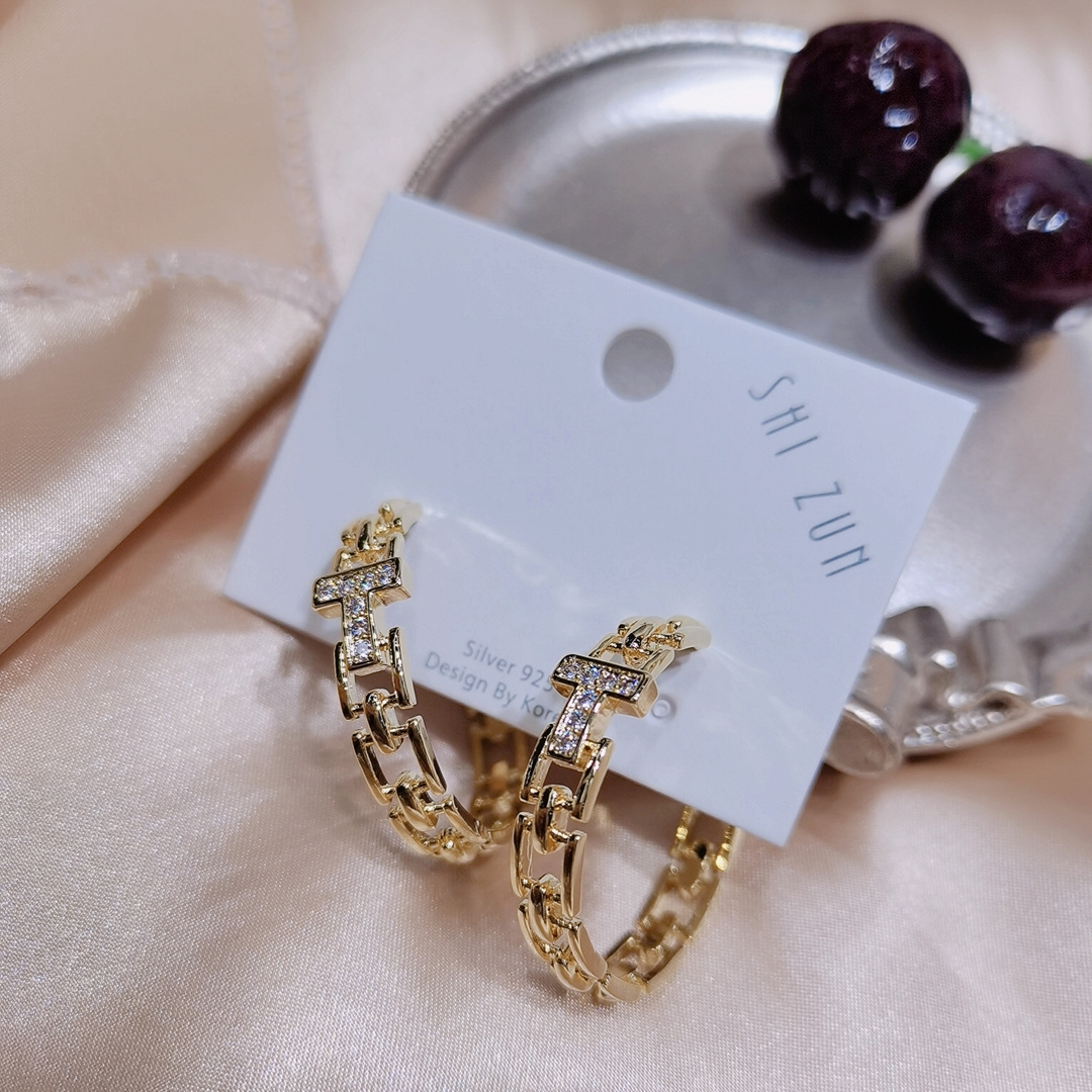 欧美大气奢华C形耳环金色链条耳环闪耀登场镶嵌晶钻尽显奢华时尚风范