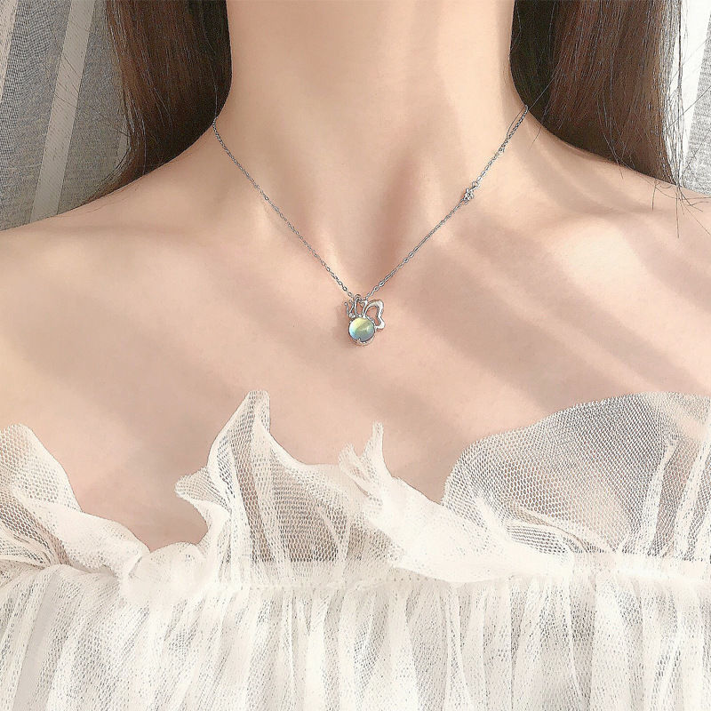 31925 Silver Aurora Butterfly Necklace, a Korean female Internet celebrity Instagram collarbone chain, ethereal and dazzling moonstone pendant that doesn't fade detail image 1