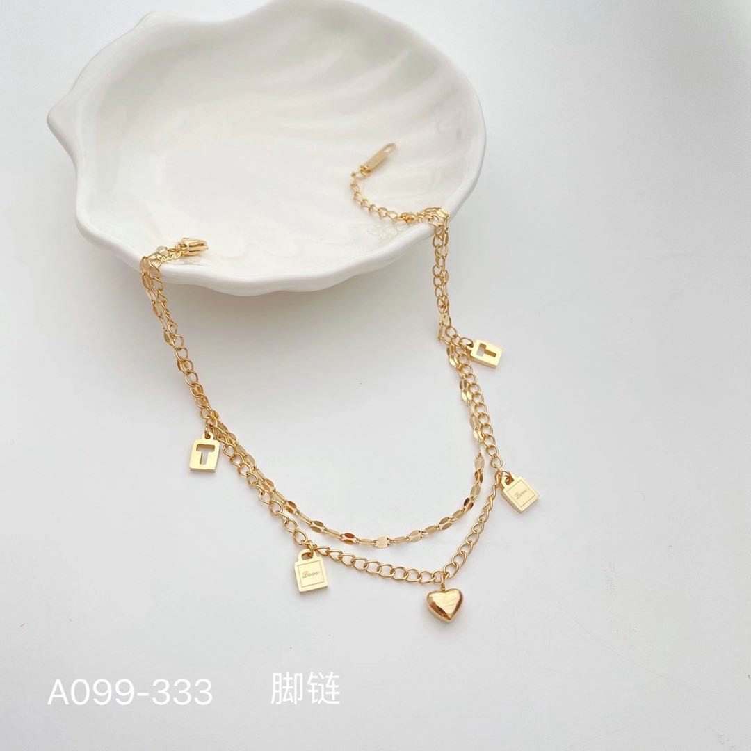 钛钢不掉色时尚百搭冷淡风双层金色镂空方牌爱心脚链个性韩国高级精致气质网红女欧美2021新款欧美嘻哈潮人