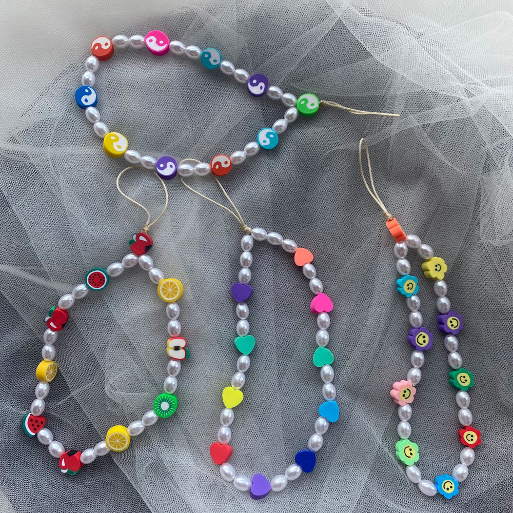 Bohemia Instagram creative polymer clay smiling face pearl beaded short mobile phone lanyard women lose mobile phone chain pendant thumbnail