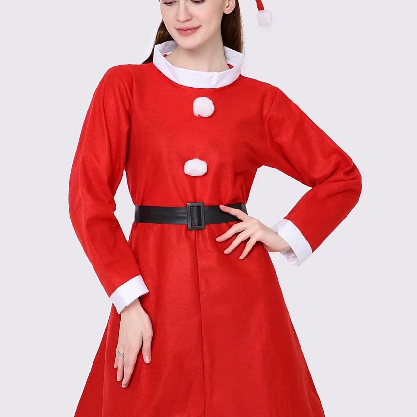 圣诞女郎连衣裙辨子帽腰带收腰修身中长款