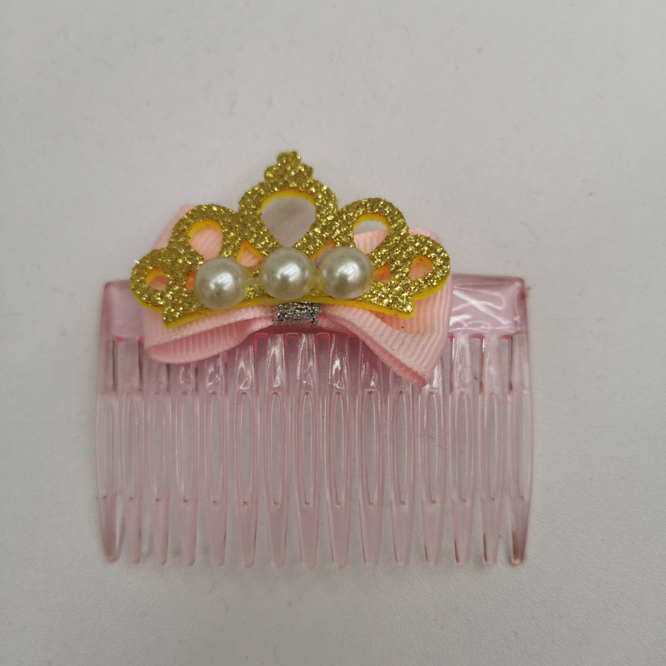 顺艺饰品 厂家直销 15齿粉红色 布艺皇冠珍珠配件 发梳 插梳 刘海梳 韩国梳 儿童梳 配件