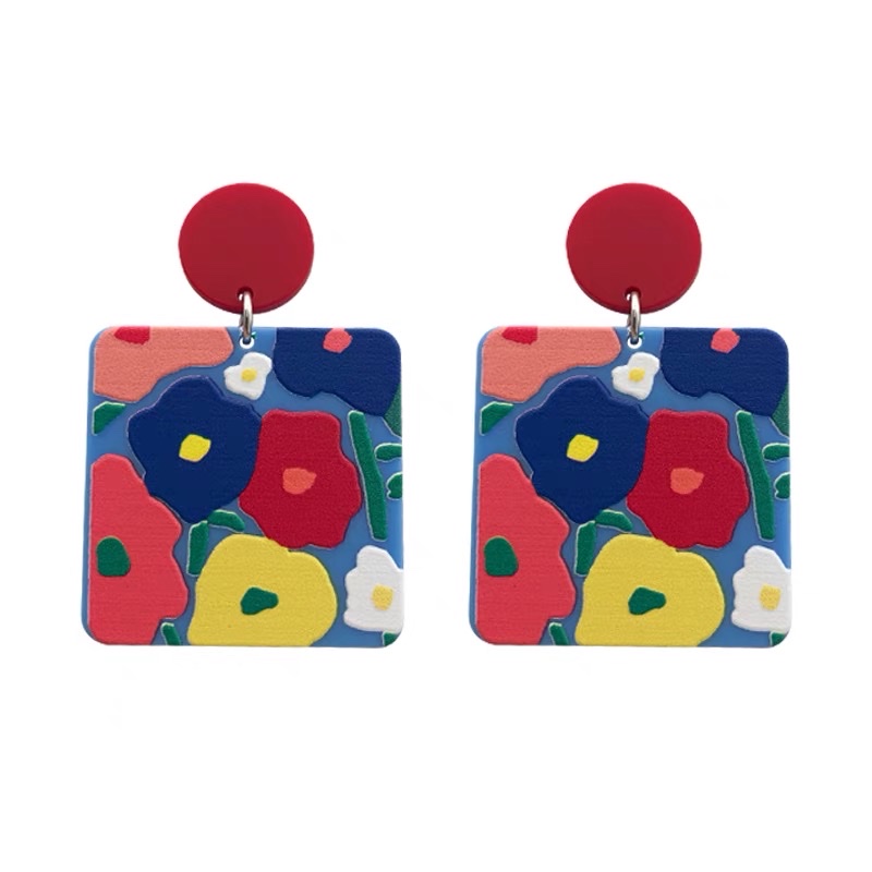 彩色花朵耳钉蓝色亚克力撞色耳环女潮白底实物图