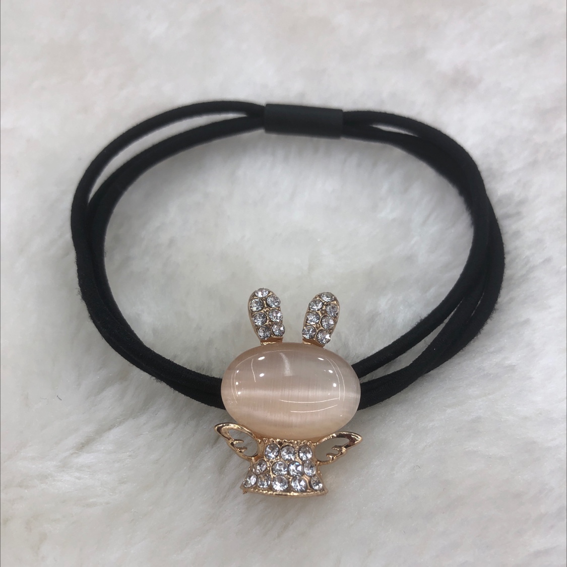Alloy rhinestones cat eye rabbit leather band beige