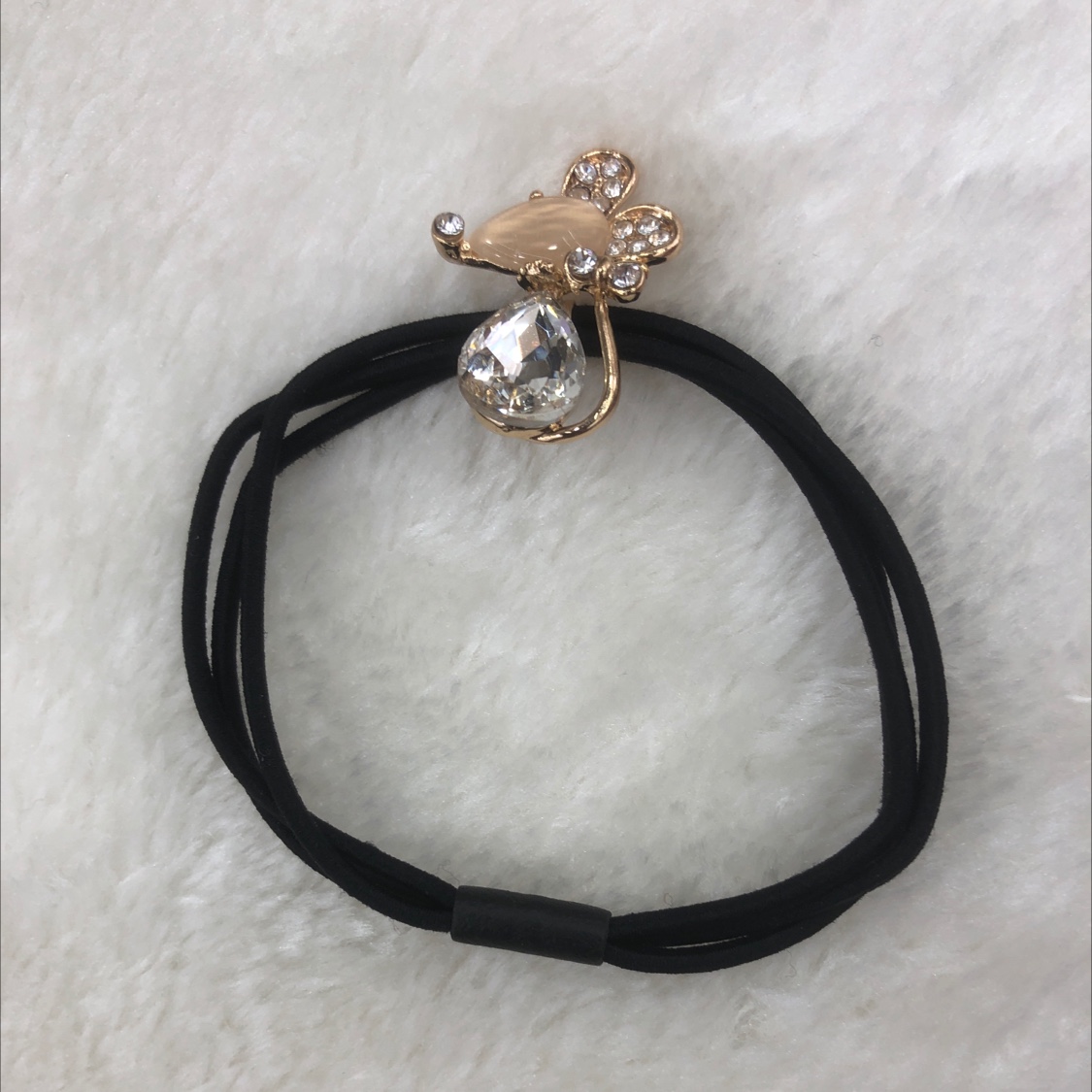 Alloy cat eye rhinestones small mouse leather band beige