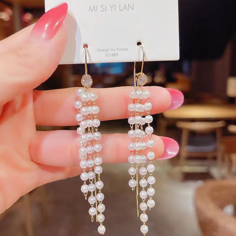 Ear line New 2021 pearl earrings temperament high-grade sense of ocean air network red round face earrings super fairy long fringe