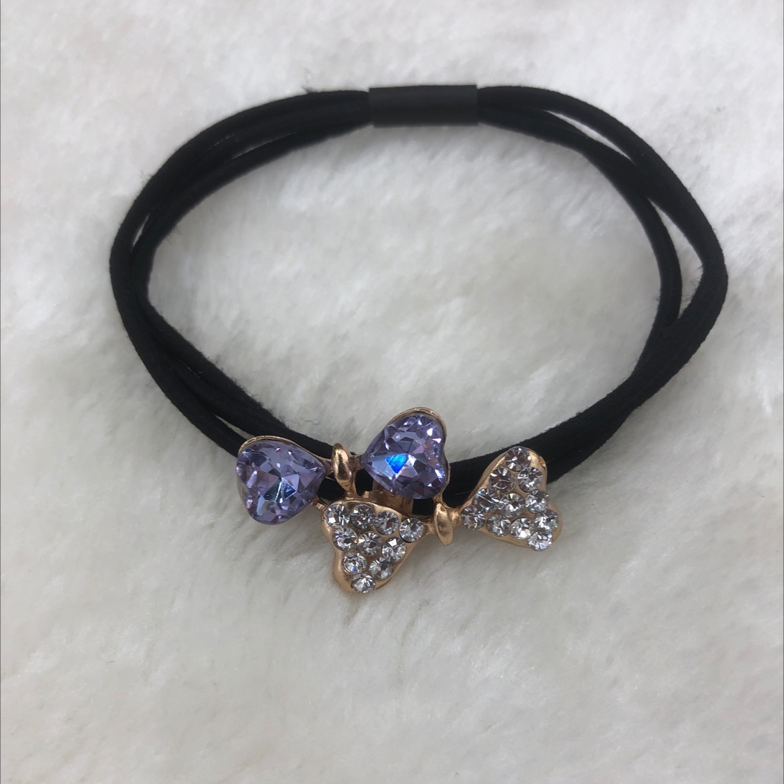 Alloy rhinestones double bow tie rubber band purple