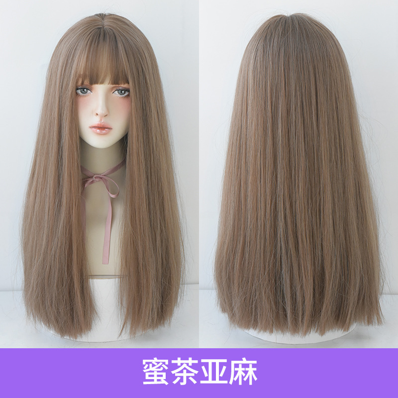 假发女长发全头套长直发自然空气刘海整顶发逼真假发蜜茶亚麻色