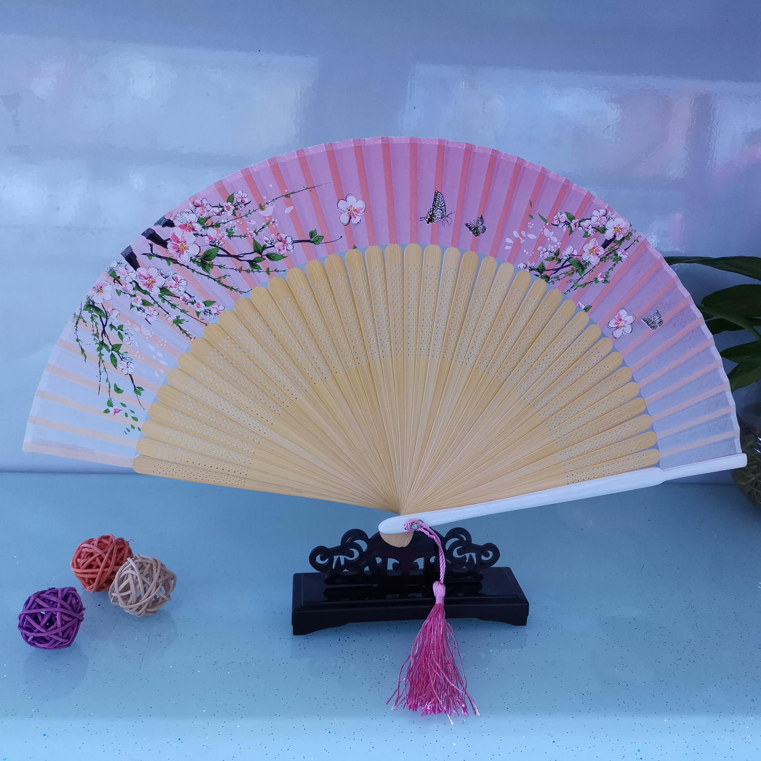 油漆手绘头青精品女扇13，乘凉折扇，创意旅游工艺