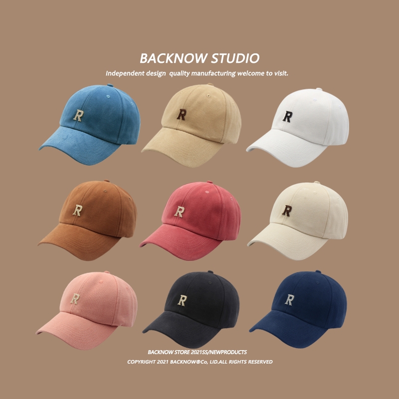 BACKNOW字母R刺绣棒球帽男女夏遮阳防晒日系鸭舌帽子休闲百搭韩版09白底实物图