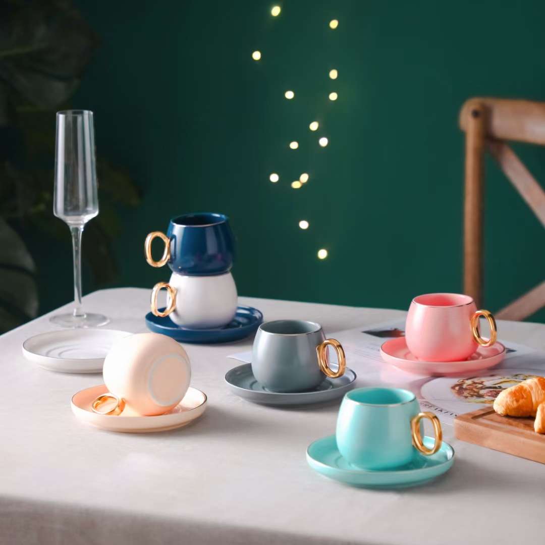 Limei Ceramic Coffee Six-Cup Saucer Luxurious Afternoon Tea Solid Color Round New Gift Box Packaging 0020 details Picture