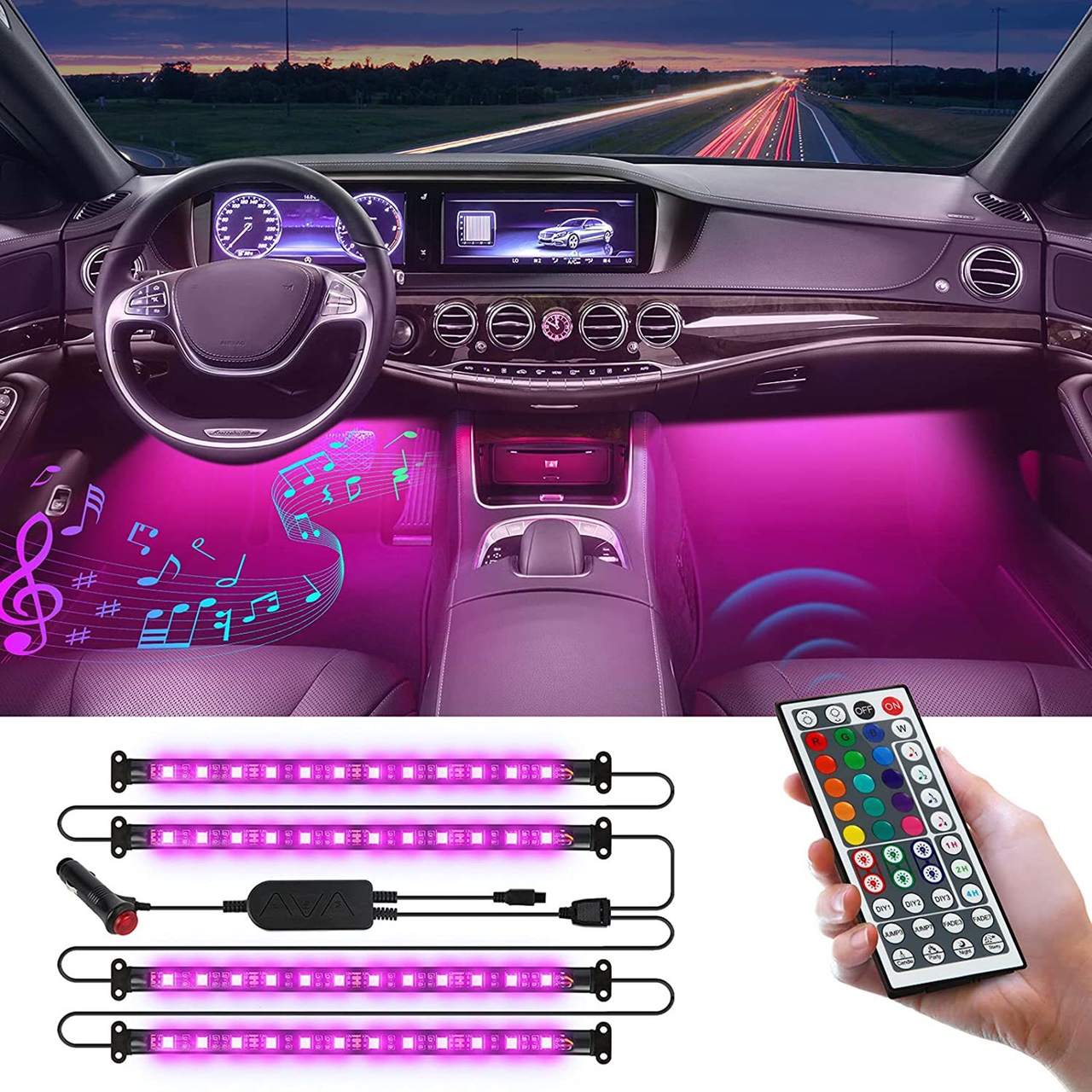 Amazon car Bluetooth led atmosphere light voice-controlled RF car cigarette lighter seven-color RGB footpad decorative light strip