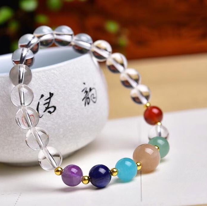 白水晶多宝手链，紫晶，蓝晶石，天河石，太阳石，绿东林，白水晶，红玛瑙，晶体通透，