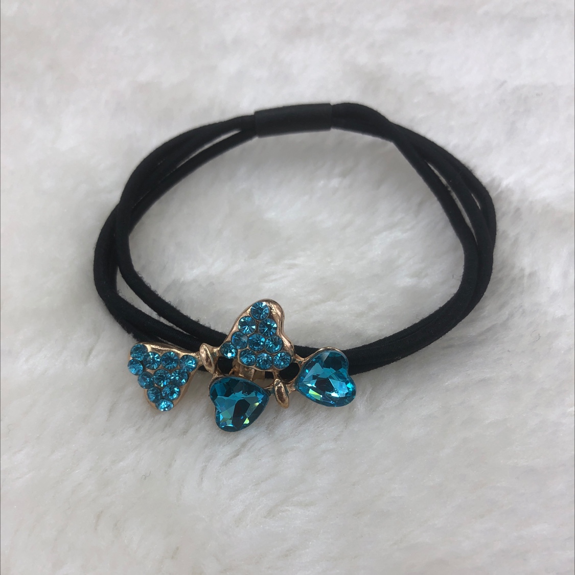 Alloy rhinestones double bow tie rubber band head rope blue