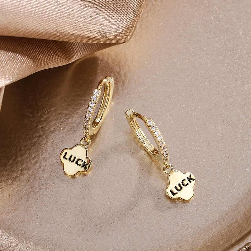 Niche design French earrings LUCK Luck Creative versatile earrings set with diamonds, letters, and drip glaze simple INS Specification image