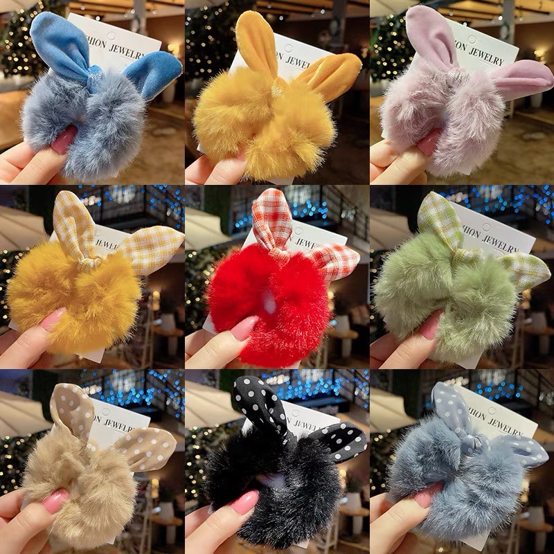Candy-colored fluffy hair bands, rabbit fur imitation bow hair ties, soft girl double ponytail hair ties, versatile fluffy hair accessories