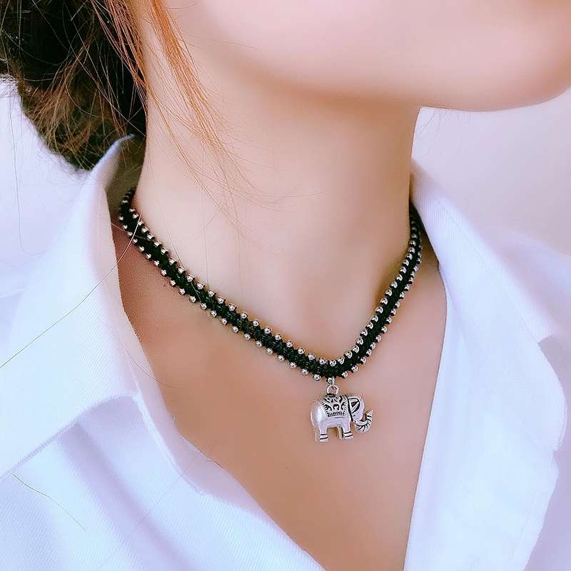 Jingpuli Jewelry, Thai hand-woven solid hexagonal star lotus heart little elephant colon-bone chain, women's retro vintage rose and chrysanthemum necklace, imitation silver matching jewelry series detail image 8