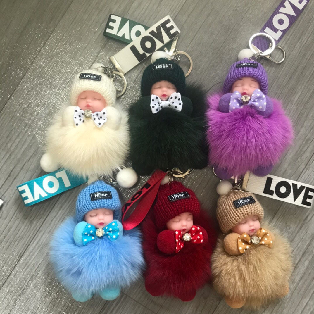 真狐狸毛毛球挂件睡眠娃娃包包挂件毛绒配饰品车钥匙扣挂件可爱女白底实物图