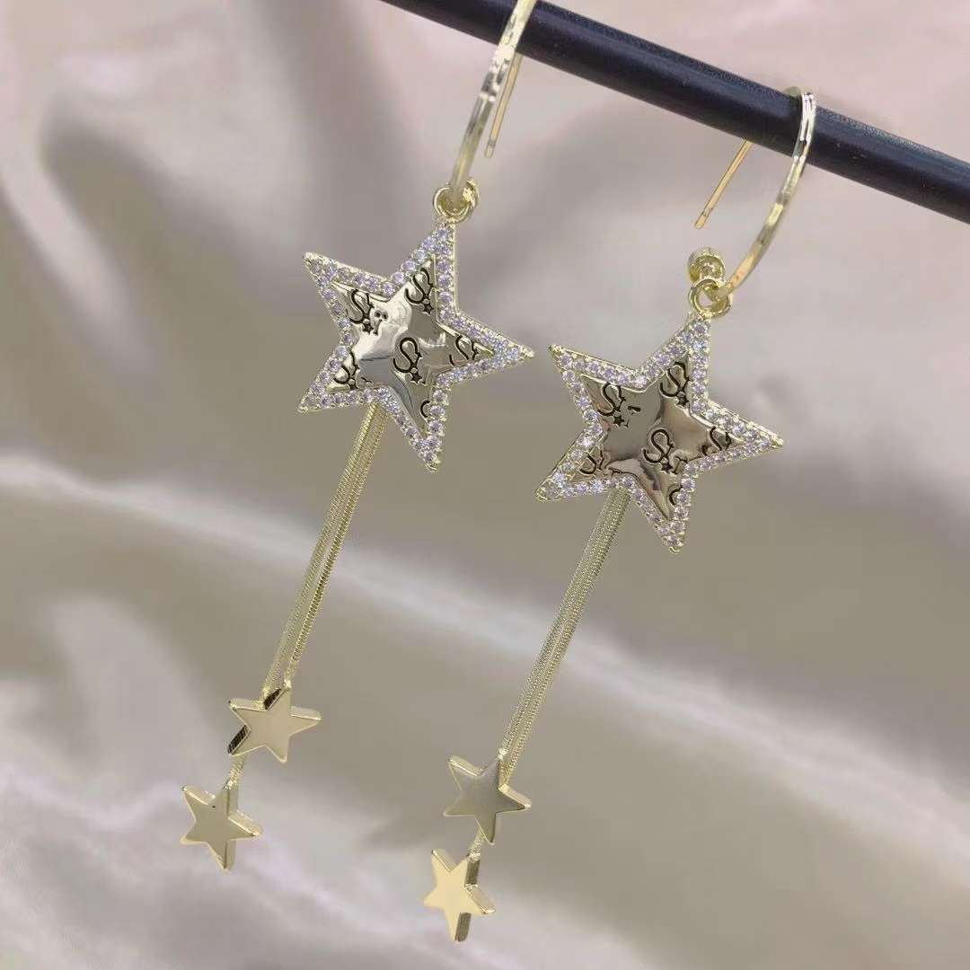 Fashionable five-star long tassel earrings, trendy silver needle stud earrings for women in Dongdaemun, South Korea details Picture