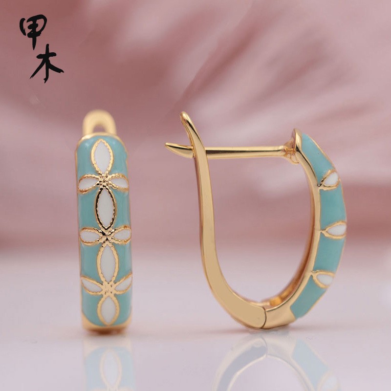 甲木热销585玫瑰金女士意大利画油画颜色不规则圆形垂坠耳环批发详情图1
