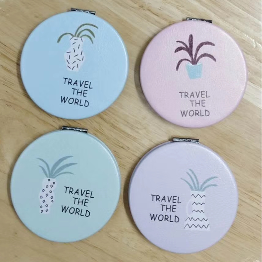 圆形绿植印花化妆镜双面折叠