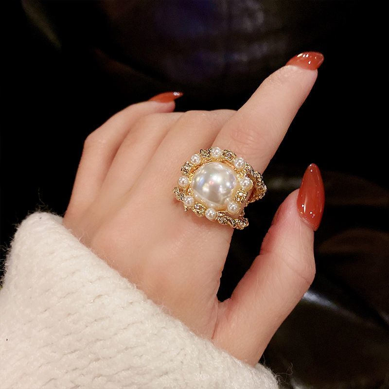 New vintage Baroque pearl ring Palace luxury gold open index finger ring delicate large pearl ring