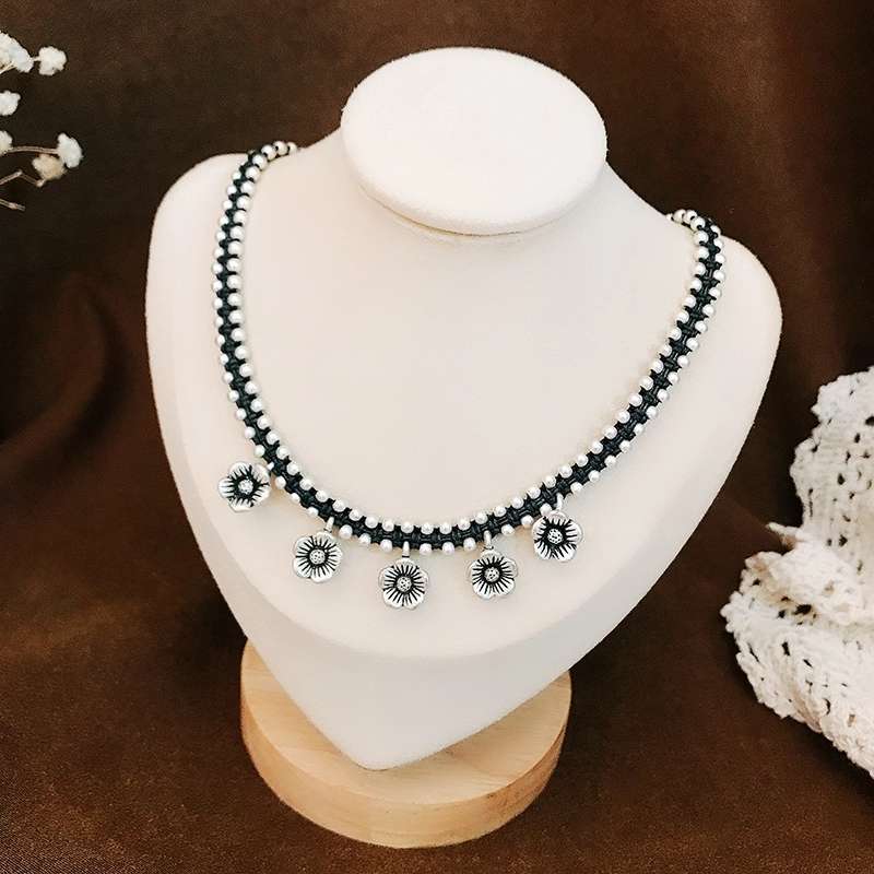 晶珀丽饰品泰国手工编织实心六芒星荷花小象锁骨链女复古做旧玫瑰花菊花项链仿银配饰品系列详情图3