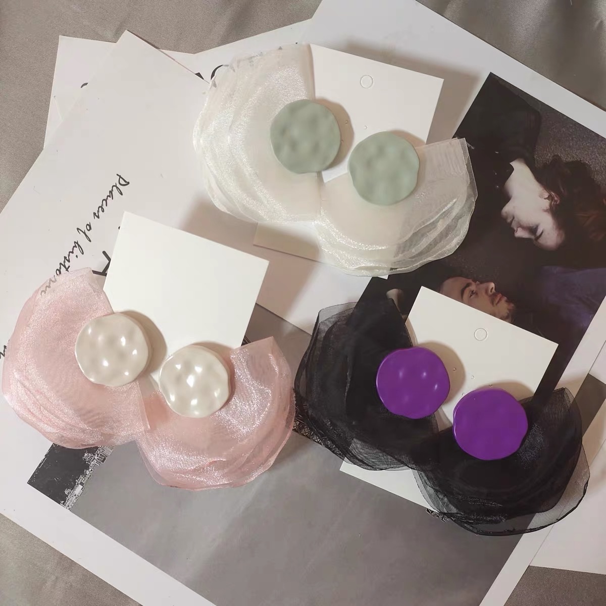 JINMUKE, a new collection of fashionable earrings imported from Dongdaemun, South Korea, featuring personalized fan-shaped silk tulle stud earrings in 2021 detail image 1