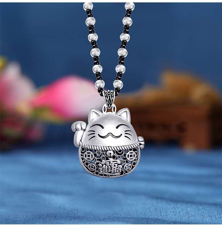 Jingpo Li Jewelry Collection Silver large beads and black beads Korean wax thread long sweater chain ~ Wealth and longevity lock Specification image
