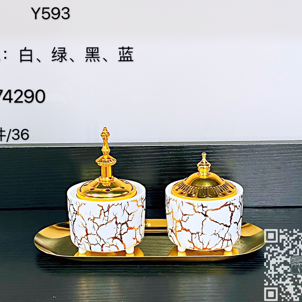 中东风格陶瓷香炉大理石纹合金盖子家居摆件礼品工艺品Y593B