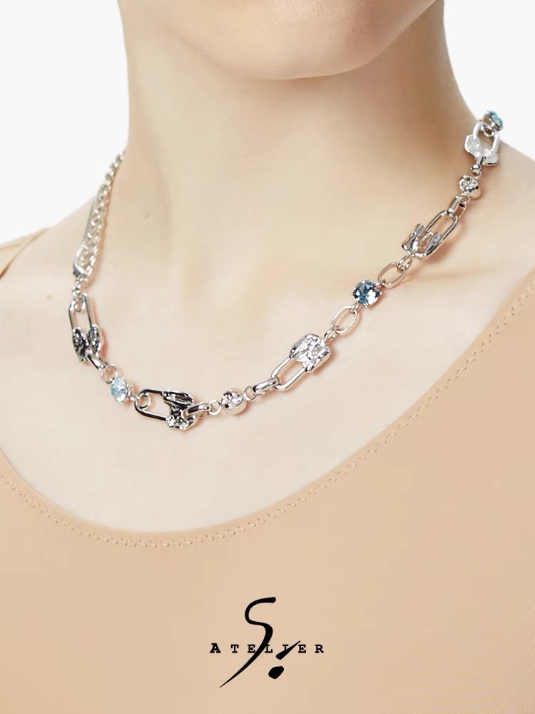 ATELIERSO Pin Series Multi-pin misty blue crystal necklace, original design, high-end texture splicing details Picture