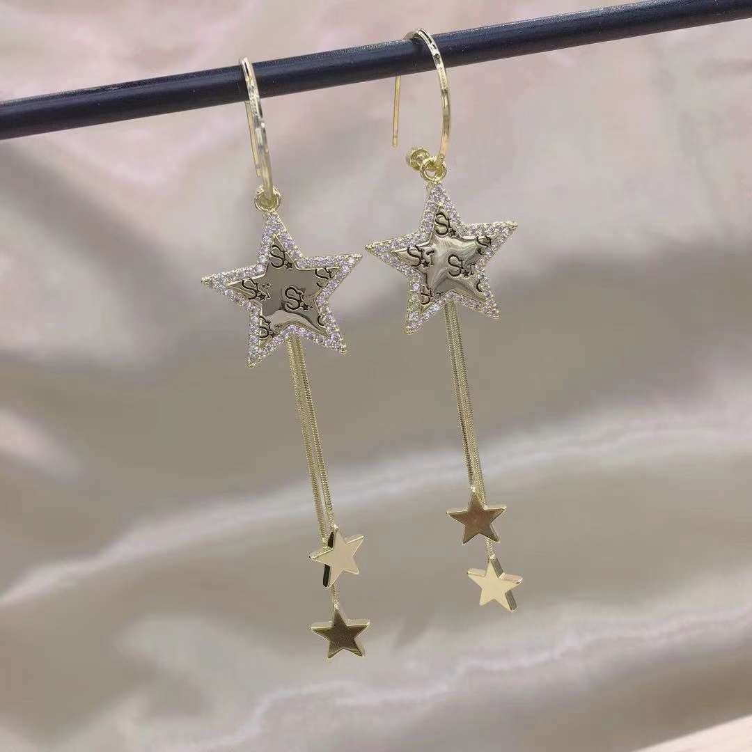 Fashionable five-star long tassel earrings, trendy silver needle stud earrings for women in Dongdaemun, South Korea Specification image