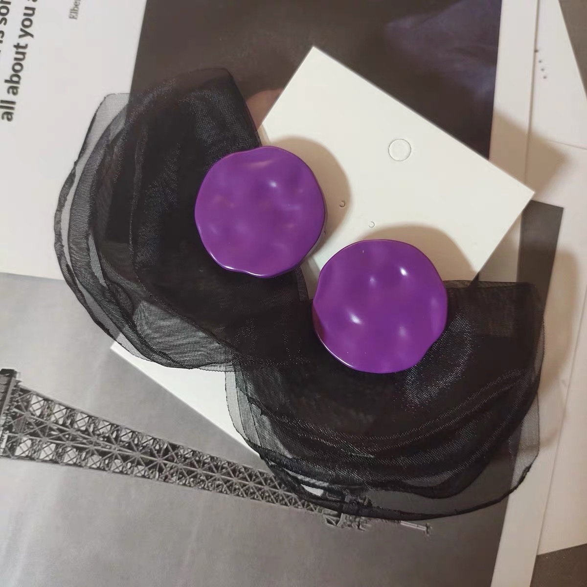 JINMUKE, a new collection of fashionable earrings imported from Dongdaemun, South Korea, featuring personalized fan-shaped silk tulle stud earrings in 2021 detail image 2