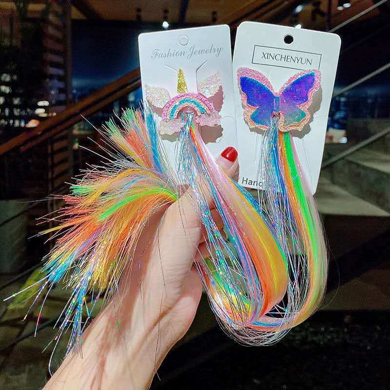 B0 Cute rainbow wings, unicorn, five-pointed star, gauze, bow, wig, hairpin, girl, princess, trendy girl, wig with braid, hair band, headwear, children's bow, baby girl, little girl, cute wig, braid Specification image