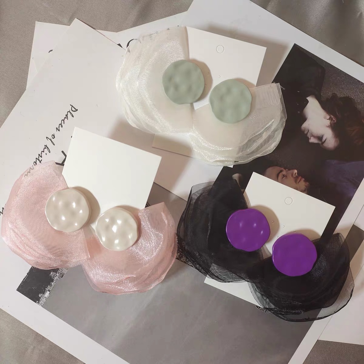 JINMUKE, a new collection of fashionable earrings imported from Dongdaemun, South Korea, featuring personalized fan-shaped silk tulle stud earrings in 2021