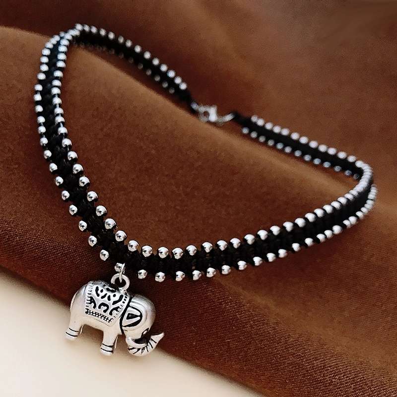 Jingpuli Jewelry, Thai hand-woven solid hexagonal star lotus heart little elephant colon-bone chain, women's retro vintage rose and chrysanthemum necklace, imitation silver matching jewelry series detail image 15