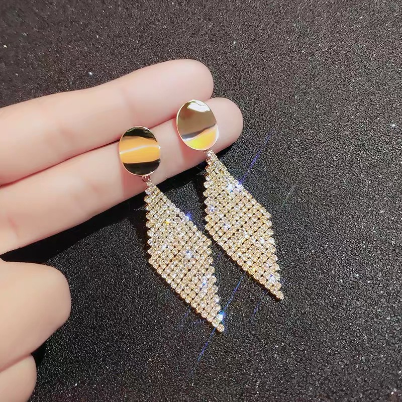 2022 New Trend s925 Silver Needle high-end full-diamond geometric tassel Earrings, elegant long style, slimming face, women's earrings