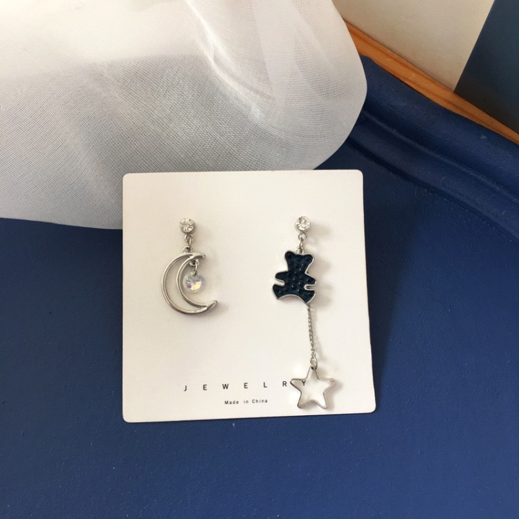 Osos asimétricos pendientes estrella luna larga cara cara delgada pendientes clip de oído Item Picture