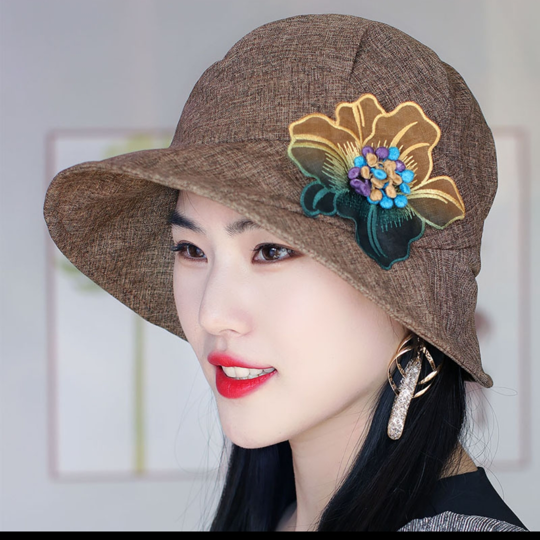 轻薄遮阳帽女夏季透气盆帽优雅花朵渔夫帽可折叠大檐户外防晒帽子42