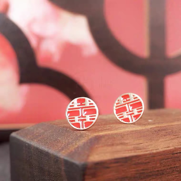 良宵】S925银针高级感红色双喜耳钉中国风喜庆新娘饰品