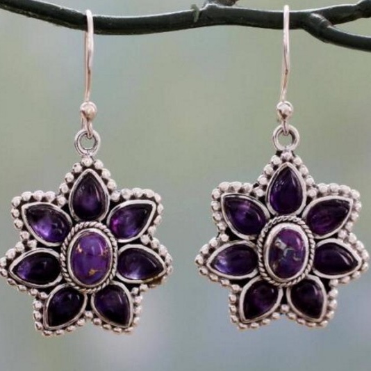 Purple flowers stereo ear hook, ethnic wind earrings.