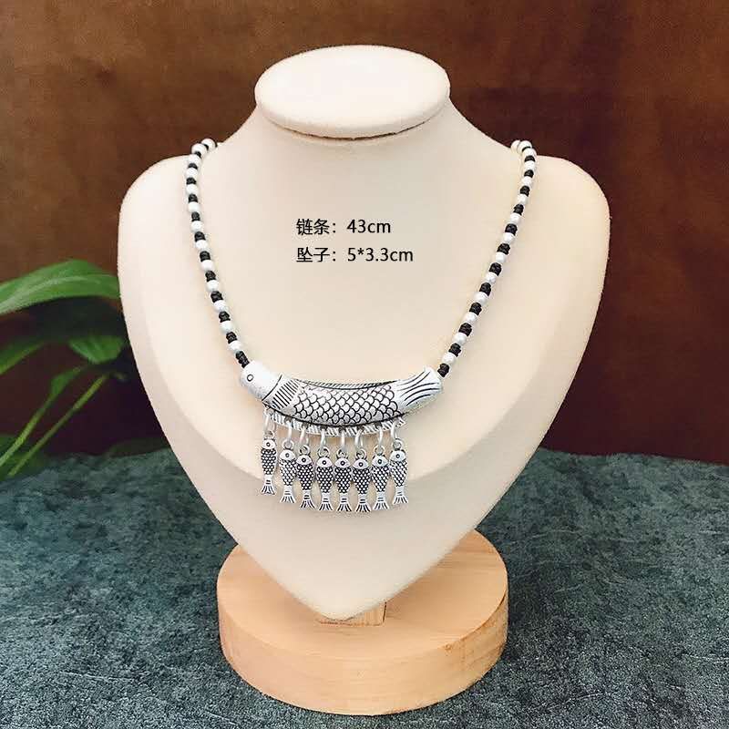 晶珀丽饰品DL24泰国民族风手工编织锁骨链复古做旧仿银颈链脖子饰品短款项链鱼多多款