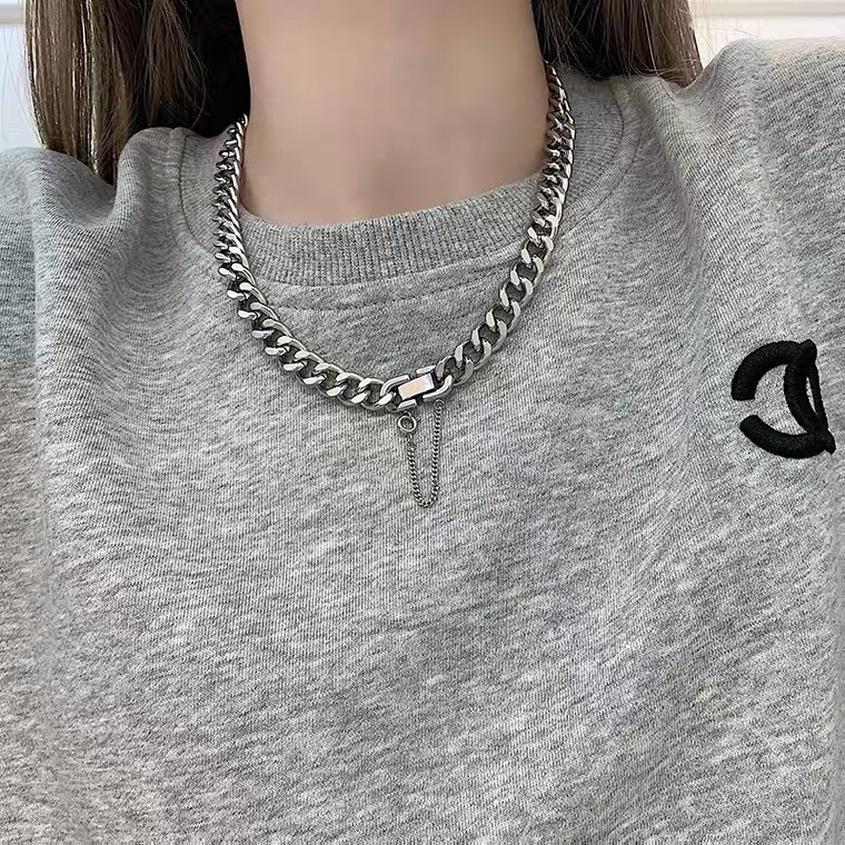 不掉色钛钢项链欧美古巴链女ins嘻哈金属粗链条锁骨链冷淡风配饰