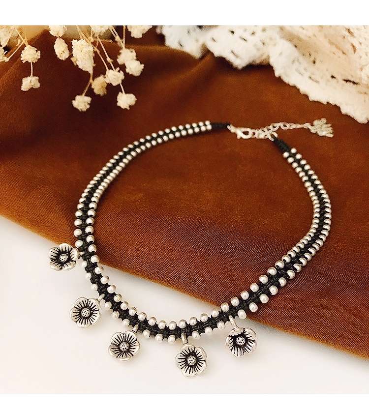 晶珀丽饰品泰国手工编织实心六芒星荷花小象锁骨链女复古做旧玫瑰花菊花项链仿银配饰品系列细节图