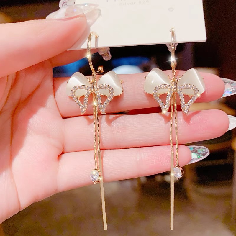 Cat's eye stone earrings for women, 2022 new trendy earrings, Korean Internet celebrity style long stud earrings, ear thread tassel earrings