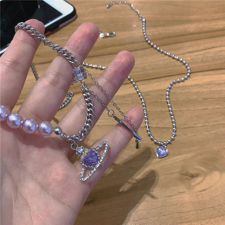 87紫色浪漫宇宙星球项链~ins辣妹甜酷锁骨链ins小众设计感桃心颈链